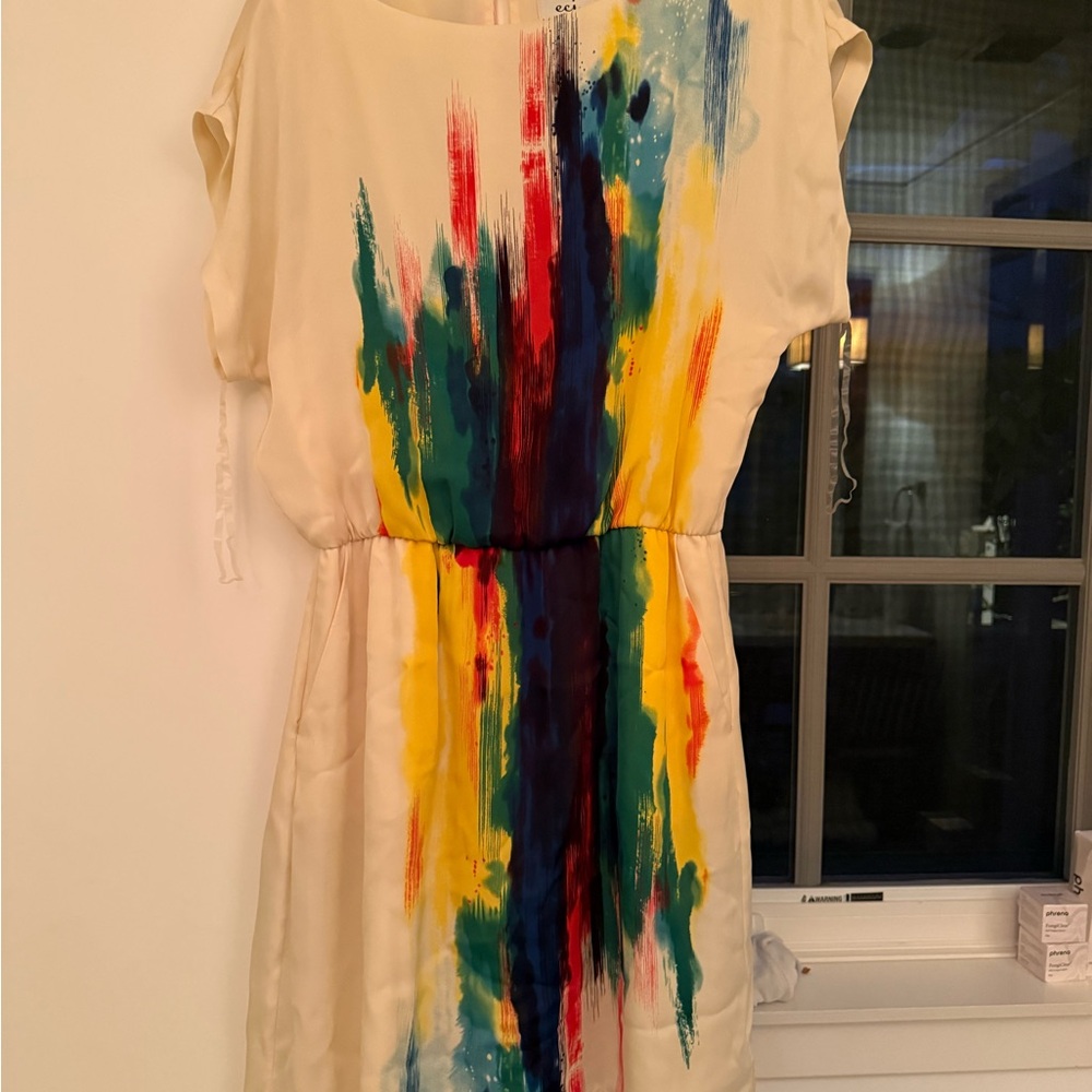 ECI Cream Dress with Colorful Paint-Style Print